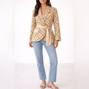 Moe Clothing Embroidered Boho Wrap Blazer Jacket XL Geometric Tapestry Tie Waist